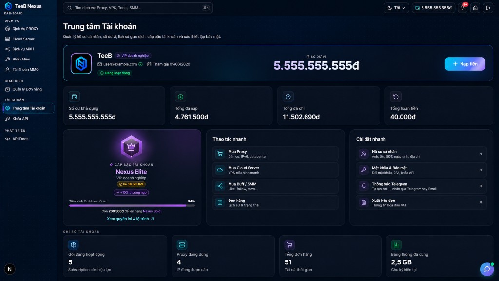 Giao diện Dashboard TeeB Nexus — ví, hạng tài khoản và dịch vụ